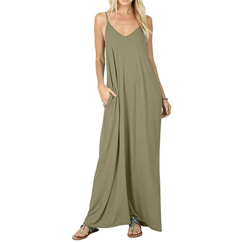 Pure Color Summer Long Vest Dress With Pocket Woman Loose Spaghetti Strap Maxi Dress Pure Color Summer Long Vest Dress With Pocket Woman Loose Spaghetti Strap Maxi Dress