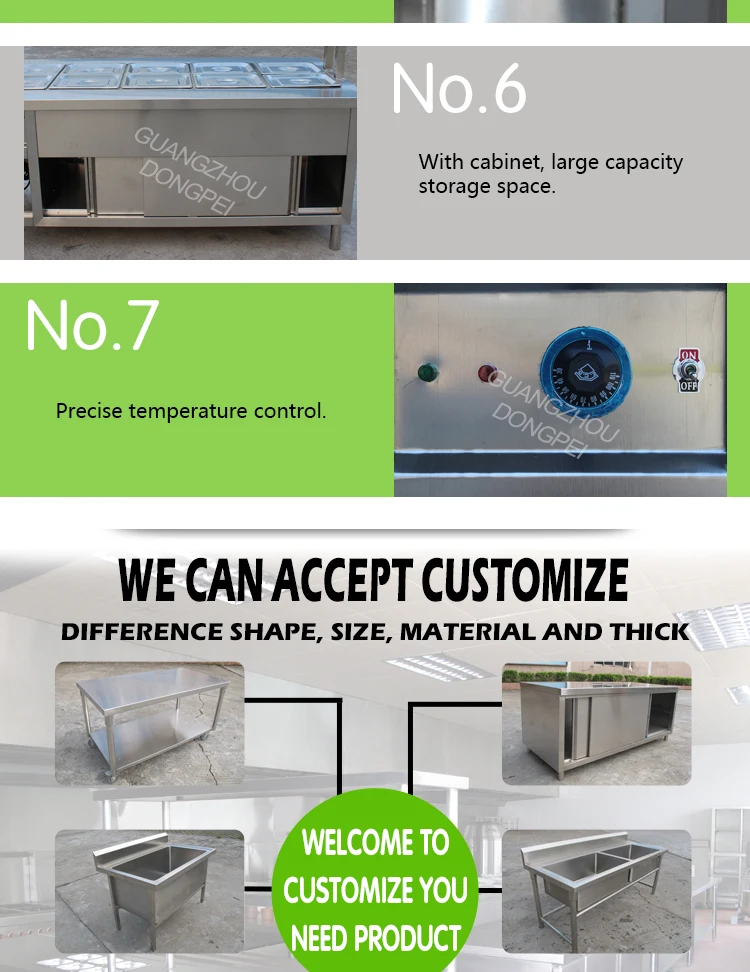 Customized Stainless Steel Electric Buffet Steam Table Eco-friendly Knock-down Structure Countertop Commercial Kitchen Equipment