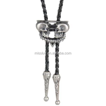 Fashion leather necklace cord black braided necklace cords double skull bolo tie collar necklace