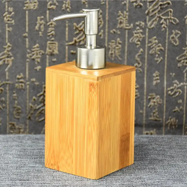 Bathroom Square Bamboo Manual Liquid Soap Dispenser Hand Pump Sanitizer Dispenser Bottle