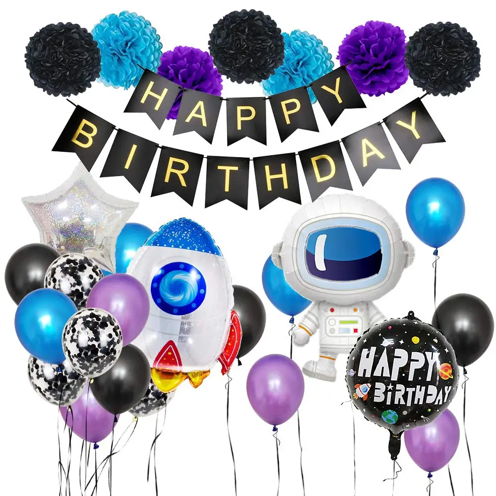 Blue Space Birthday Party Supplies Decoration Astronauts Rockets Plane Foil Balloon with Happy Birthday Banner Space Party Supplies Cupcake Toppers Outer Space Party Decorations for Boys Birthday Party 