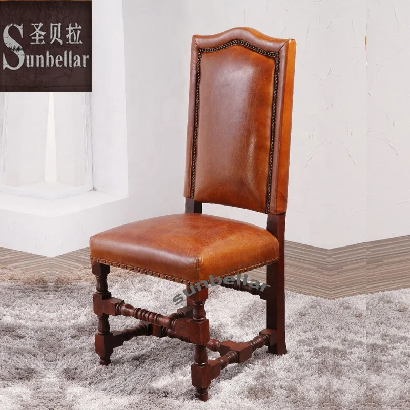 Wholesale Vintage Genuine Leather Distressed Brown Wooden Dining Chair Antique Brown Leather Chairs for Dining Room