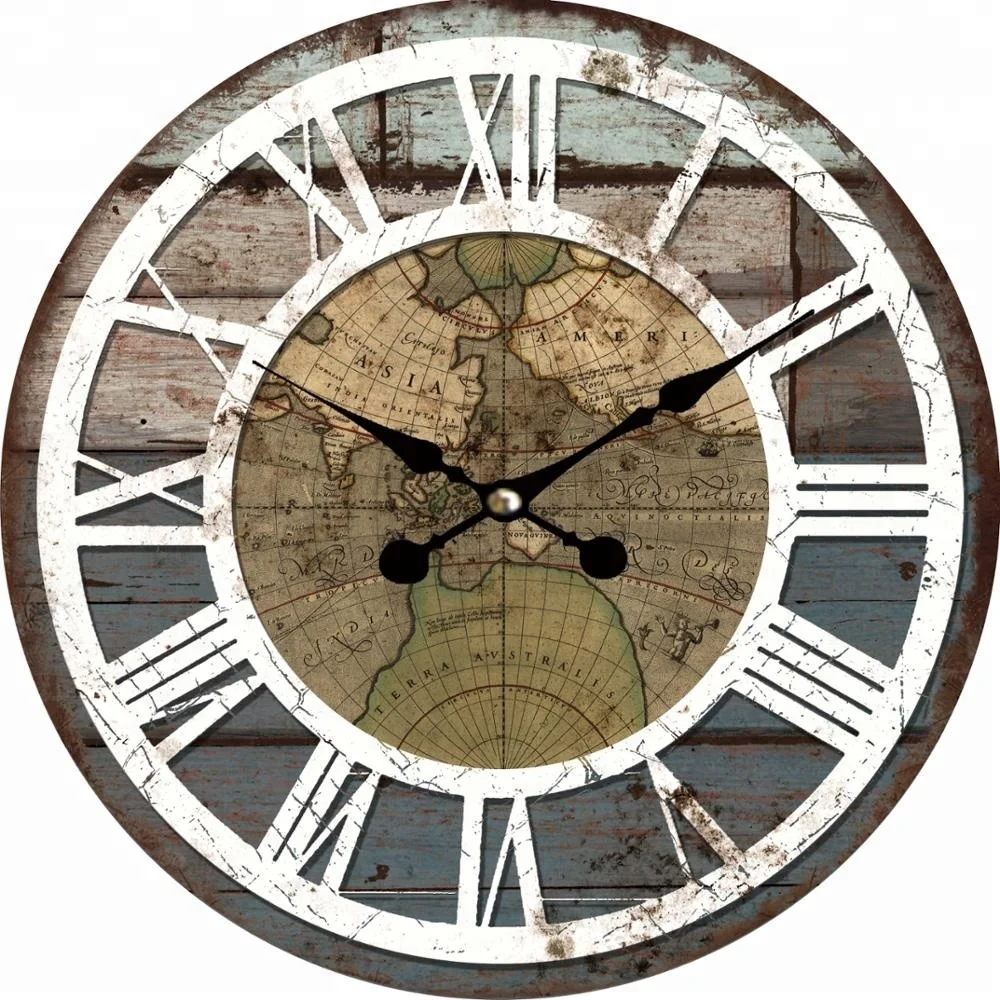 Creative High Quality Vintage Mdf Wall Clock With World Map Design