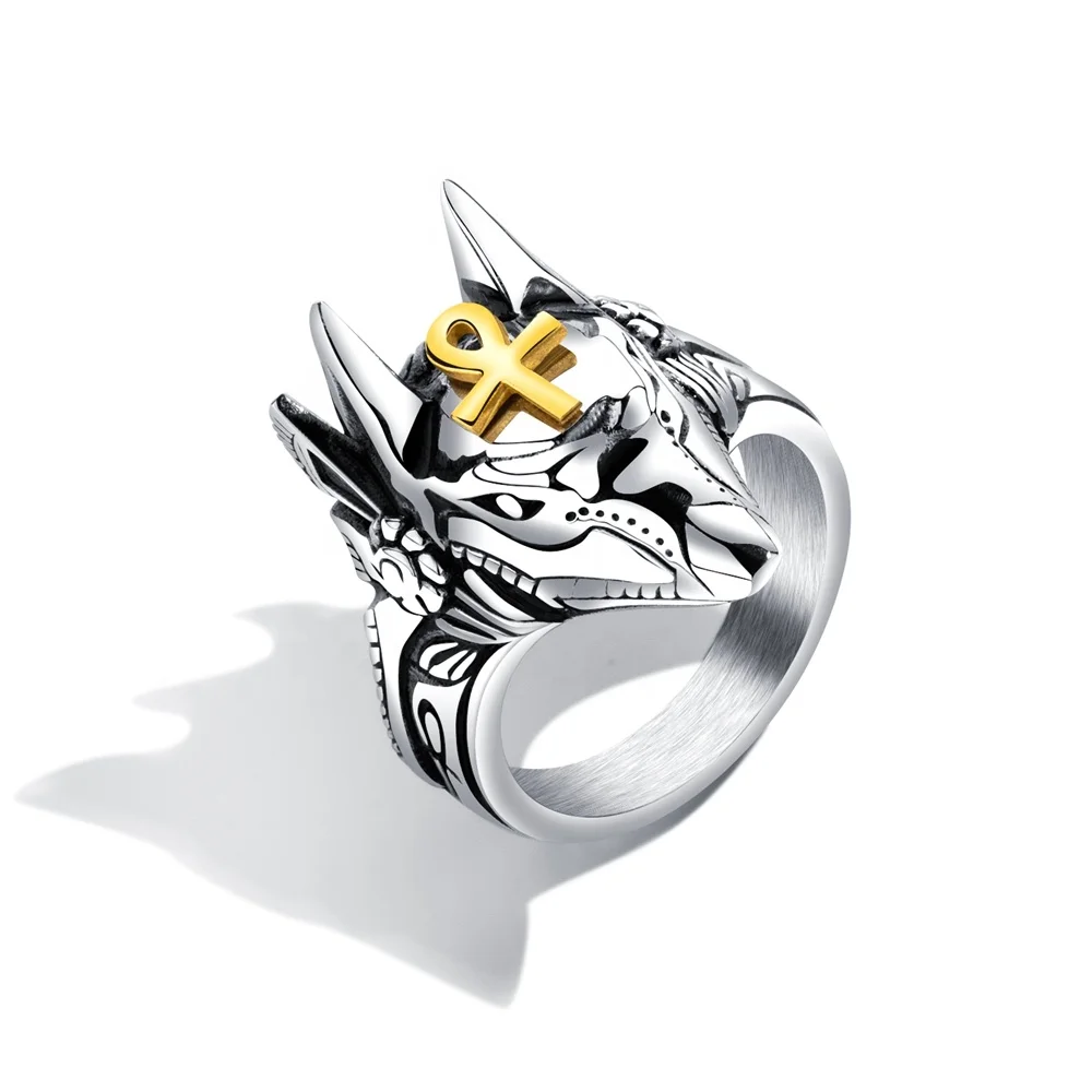 Anubis Cross Wolf Head Men Design Stainless Steel Custom Ring