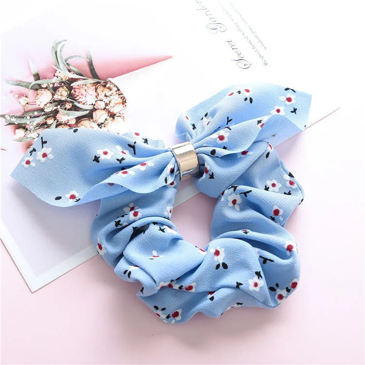 Fashion Flower Print Hair Scrunchies Bunny Ear Ponytail Holder Ties Women