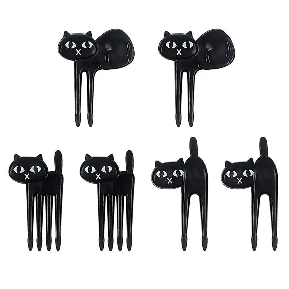 
6Pcs Mini Animal Fork Fruit Picks Cute Cartoon Cat Children Fork Bento Lunch Box Decor Accessories Black Color 