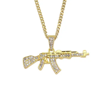 Ak 47 Gun Pendant Men Necklace Gold Crystal Hiphop Jewelry Cheap Man Design