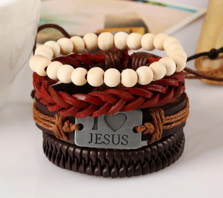 I Love Jesus Beaded Leather Multi Layer Bracelet Wholesale
