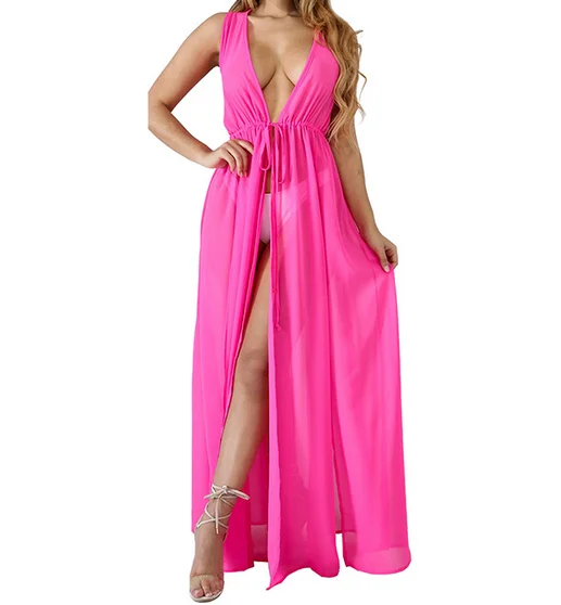 See Through High Split Deep v Neck Transparent Maxi Dresses for Beach