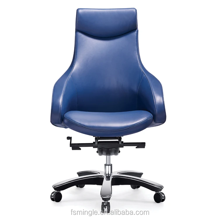 Вращающийся синий кожаный офисный стул из натуральной коровьей