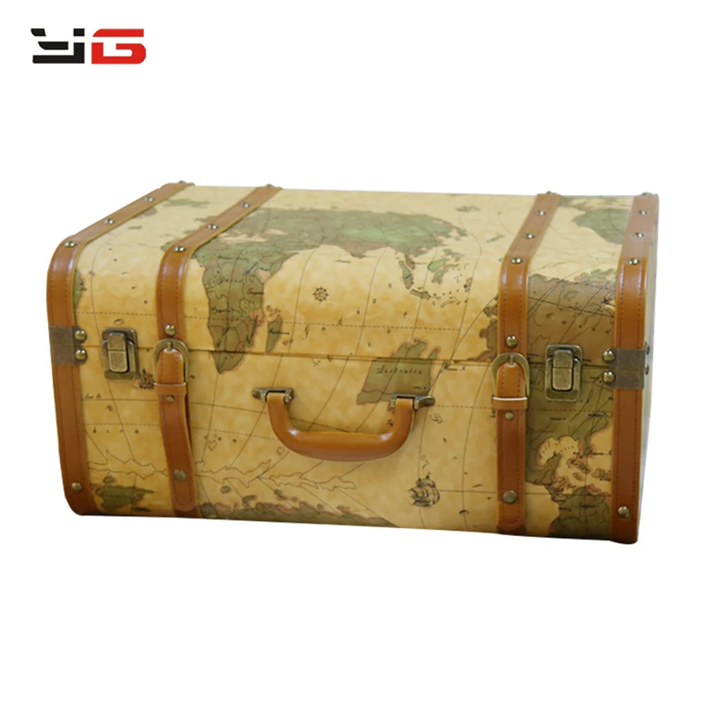 Old Trunk Yellow World Map Vintage Leather Suitcase for Prototype Room Bedroom Decoration
