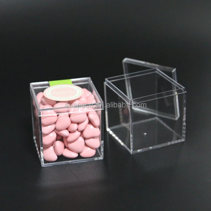 Clear Cube Shaped Box with Hinged Lid and Personalized Label Crystal Clear Acrylic Favor Box