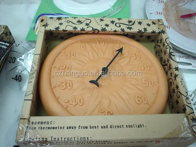 Wholesale Terracotta Thermometer Clay Clock with Thermometer  for Garden Decor Outdoor Garden Thermometer