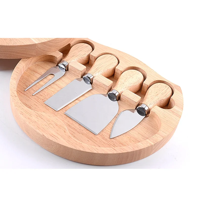 Cheese Mezzaluna Cutting Board and 4 Piece Round Wood Cheese Board Set