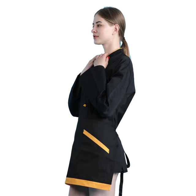 Polyester Cotton Blend 195GSM to 235GSM Black Body Orange Piping Border Button  Latest Cook Wear Single Breasted Chef Uniform