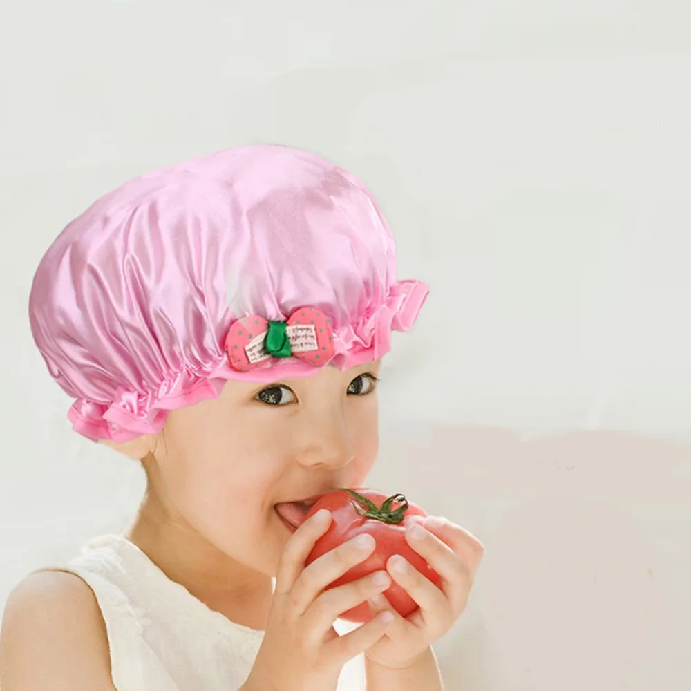 china proveedor niños doble capa impermeable baño cap satén eva ducha  gorras niñas ducha sombrero