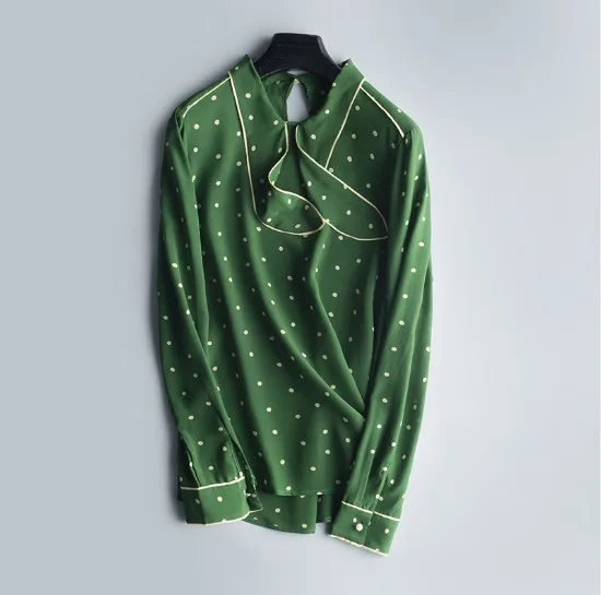 QYQCX Dark Green Polka-dot Silk Shirt Classic Lapels Blouse Womens Long-Sleeve Printed Top 