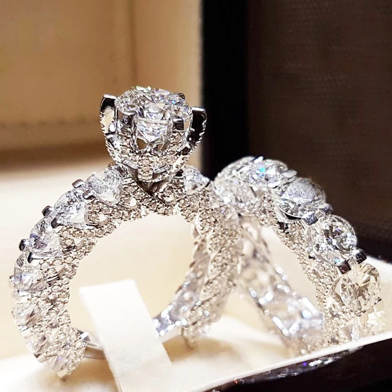 CAOSHI Wedding Engagement Ring Set Rhodium Plated Jewelry Brass Zircon Zirconia Stone Rings Couple
