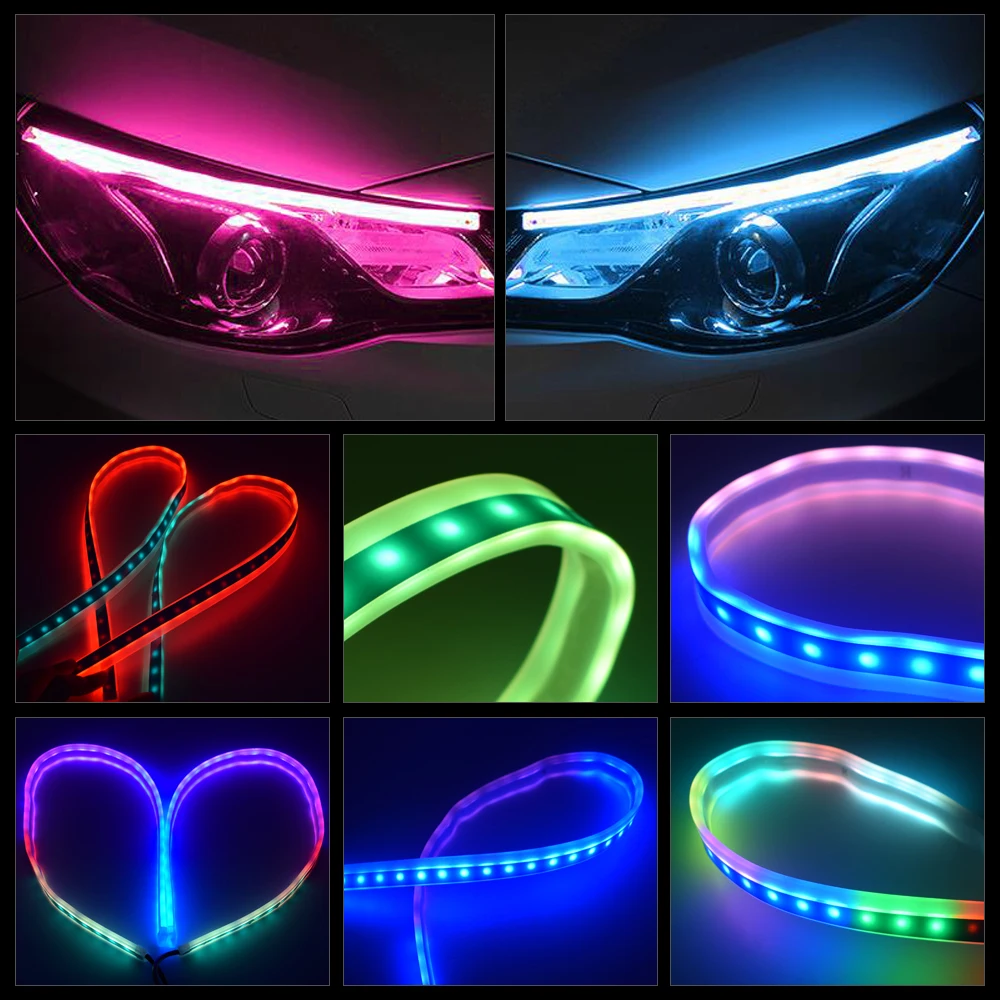 RGB Flexible LED DRL for Headlight RGB with Remote Control 30cm 45cm 60cm Flowing Day Light