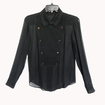 Women's new arrival pure silk washed georgette transparent sexy black blouse with gold buttons