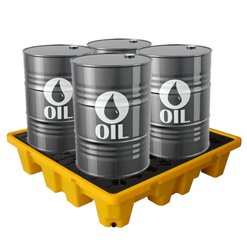 ຂາຍຍົກທີ່ຖອດອອກໄດ້ ຄວາມປອດໄພອຸດສາຫະກໍາ ສານເຄມີອັນຕະລາຍ Modular plastic PE poly 4 drum oil spill pallet ບັນຈຸຮອງ