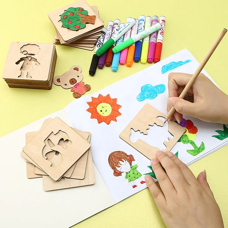 20 pezzi modello di pittura da te in legno Stencil Montessori per bambini giocattoli da disegno Stencil in legno tavolo da disegno Set per i più piccoli