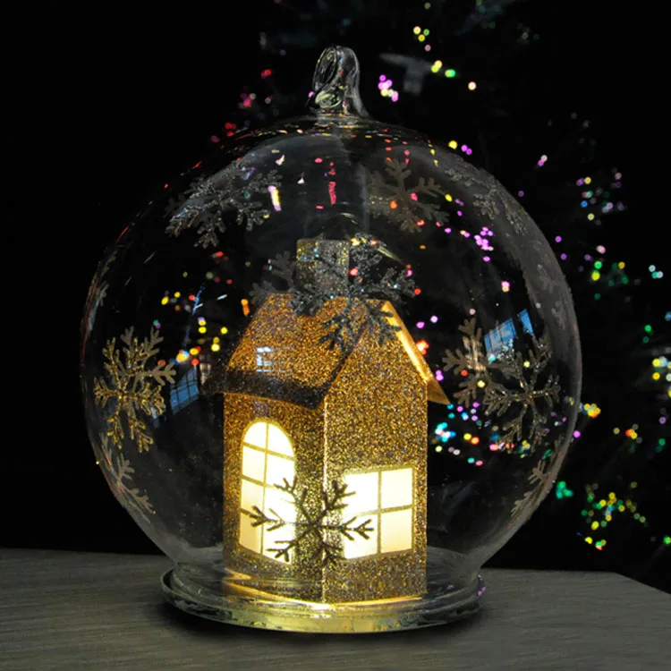 led 80mm glass ball Christmas scene wholesale lighted snowflake glass ball globe handmade Xmas hanging ornaments gift for sale factory