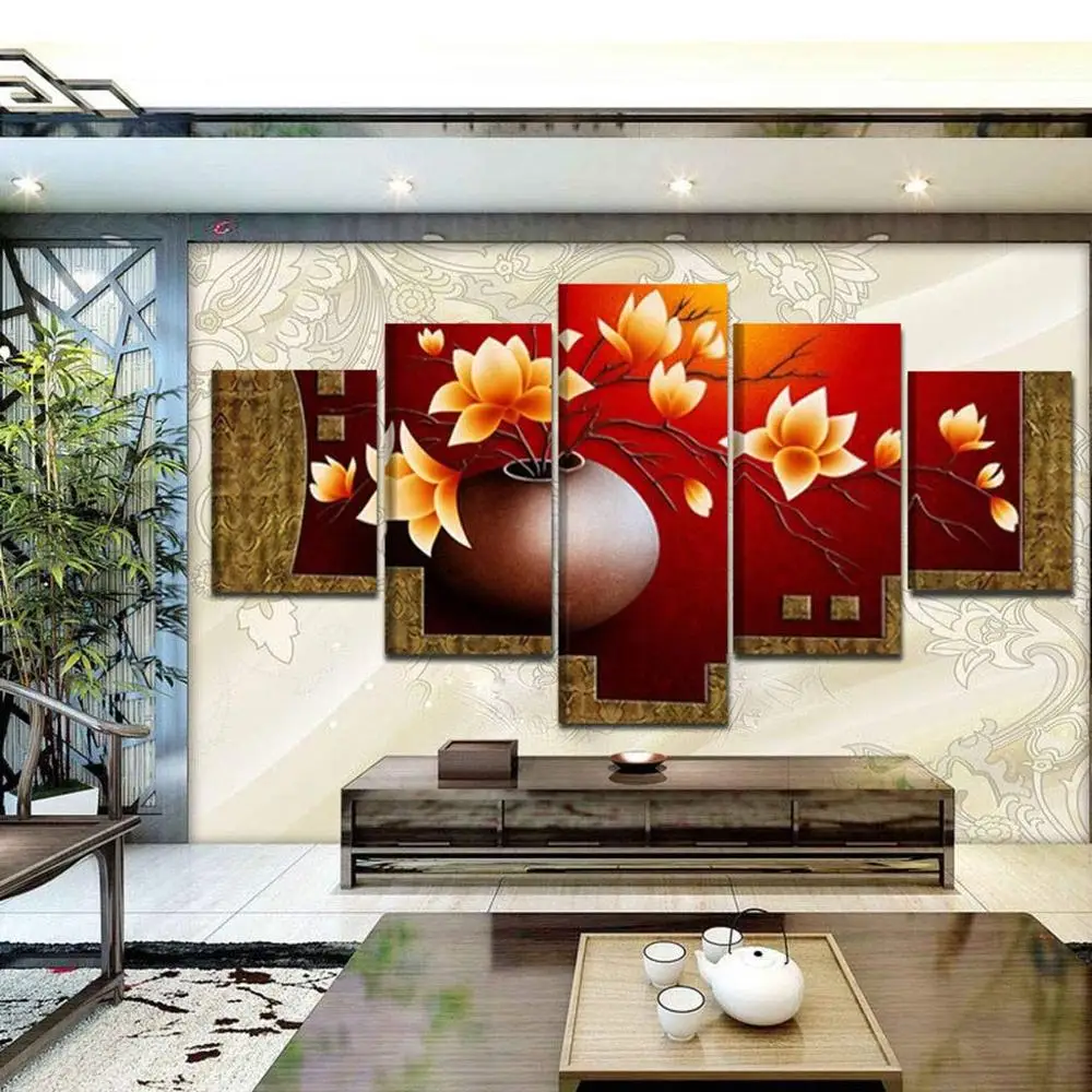 3D Printing - Hand Painted Modern Canvas for Living Room Wall Art Frame 5 Pieces Magnolia Vase Painting Home Decor