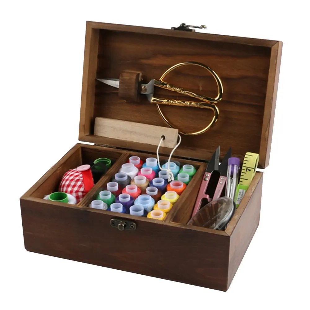 isilky Mini Professional Wooden Sewing Basket Set with Wooden Sewing Box Premium Sewing Kit Accessories for Mothers Day Home Travel Emergency and Good Gift for Anyone 