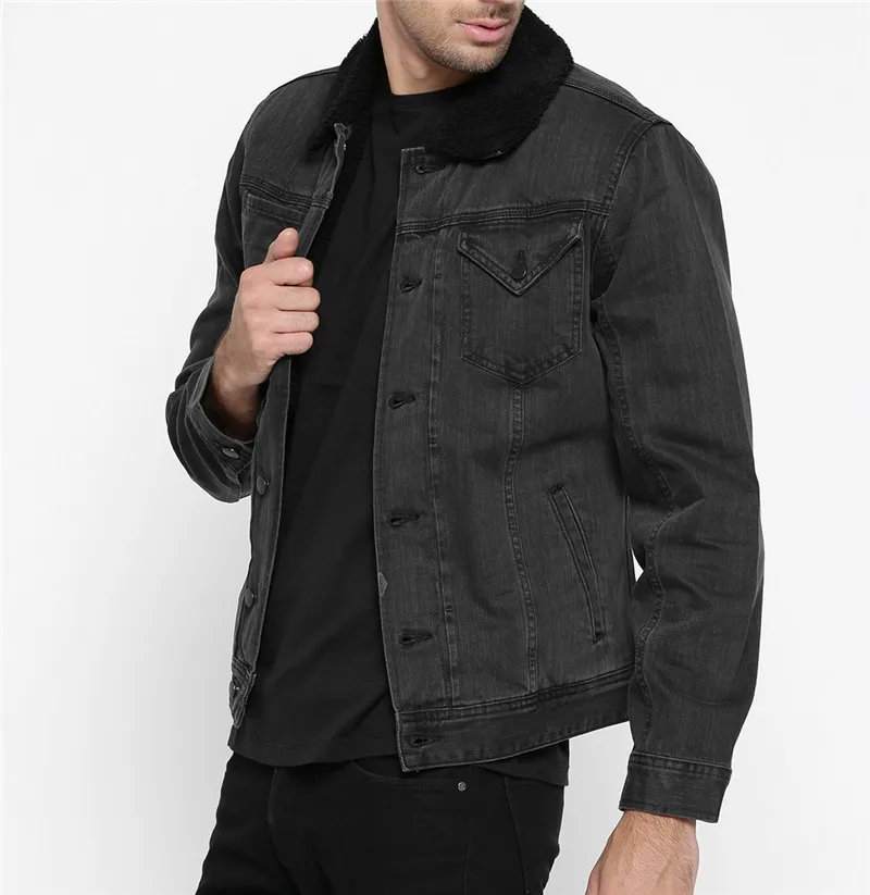 custom black solid washed fleece lined slim fit denim jacket men
