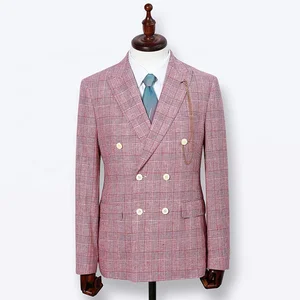 Men's Korean Style Double Breasted Blazer in Pink Woolen Thin Fabric with Button Decoration Spring Summer Collection Men's Coats