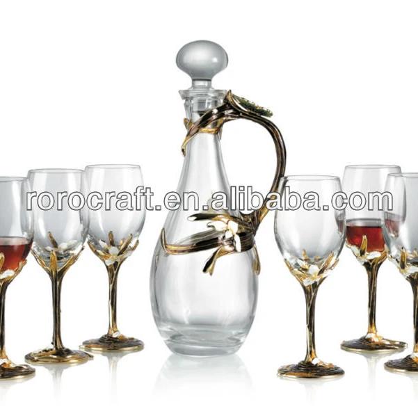 Набор эмалированных хрустальных бокалов для вина RORO Song orchid/винная бутылка + бокалы для вина