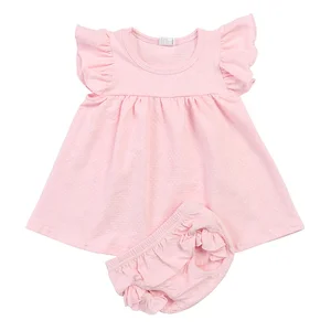 Wholesale Kids Clothing Set Baby Clothes Suits Tunic Top&Bloomer Children Solid Pink Outfits Baby Clothing Sets