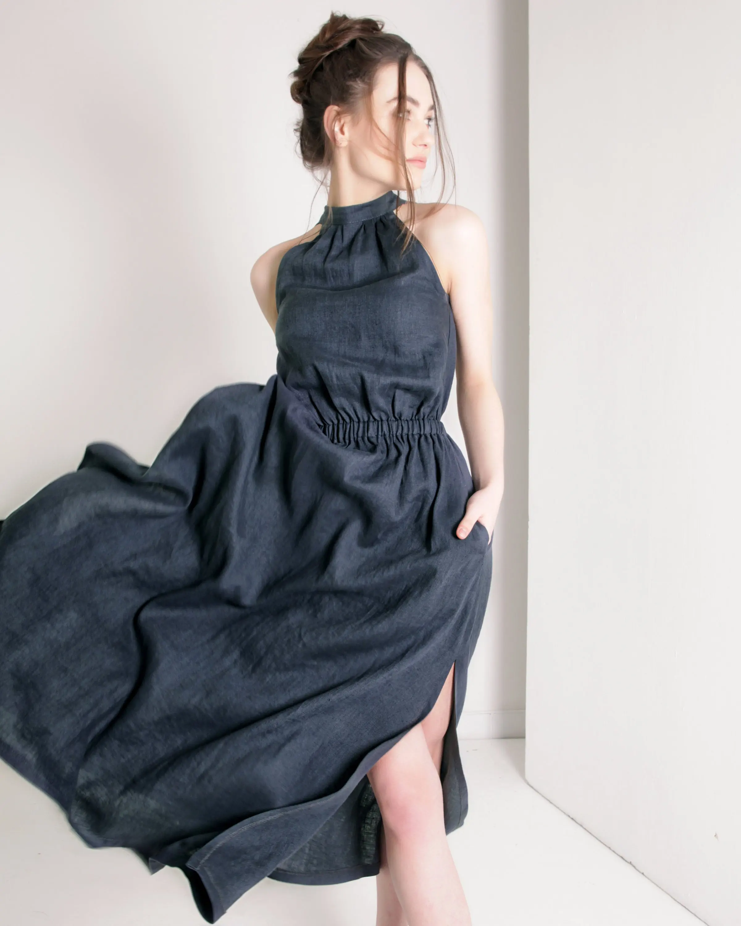 European and American Fashion Customize Linen Clothes Ladies High Neck Long Maxi Dress