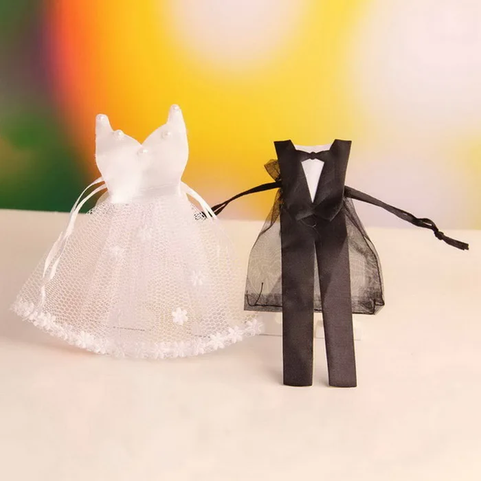 12pcs Drawstring Candy Favor Bags Tuxedo and Dress Bride Groom Wedding On Gifts 