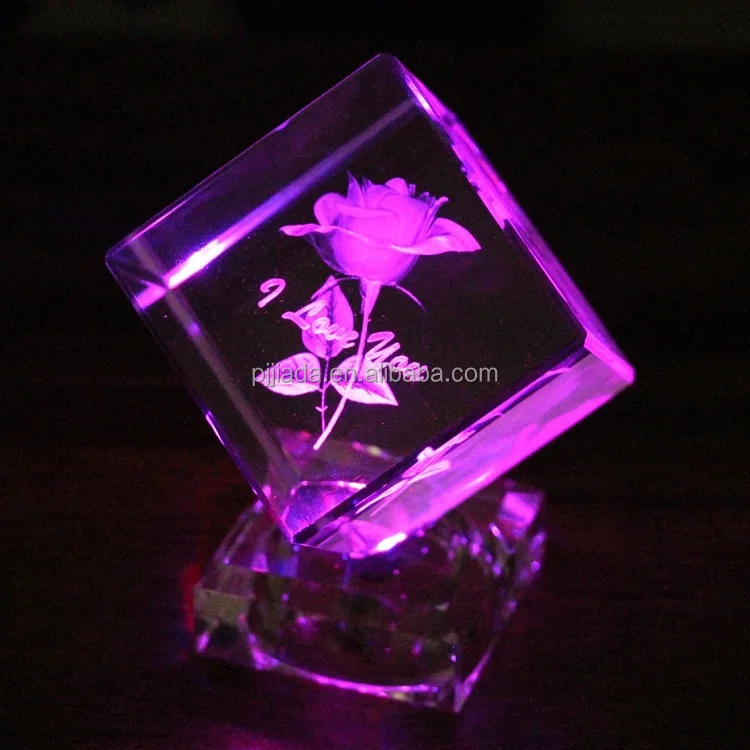 Hot Sale Rotating Led Base Custom 3d Laser Engraved Glass Cube Photo Frame 3d Photo Crystal Cube for Valentine's Day Gift
