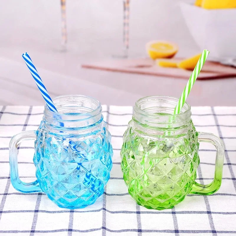 Pineapple-Shaped Mason Jar Mug Glasses with Handles, Straws & Lids