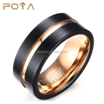 POYA Jewelry 8mm Black Tungsten Carbide Wedding Ring Rose Gold Grooved Inlay Beveled Edge Mens Band