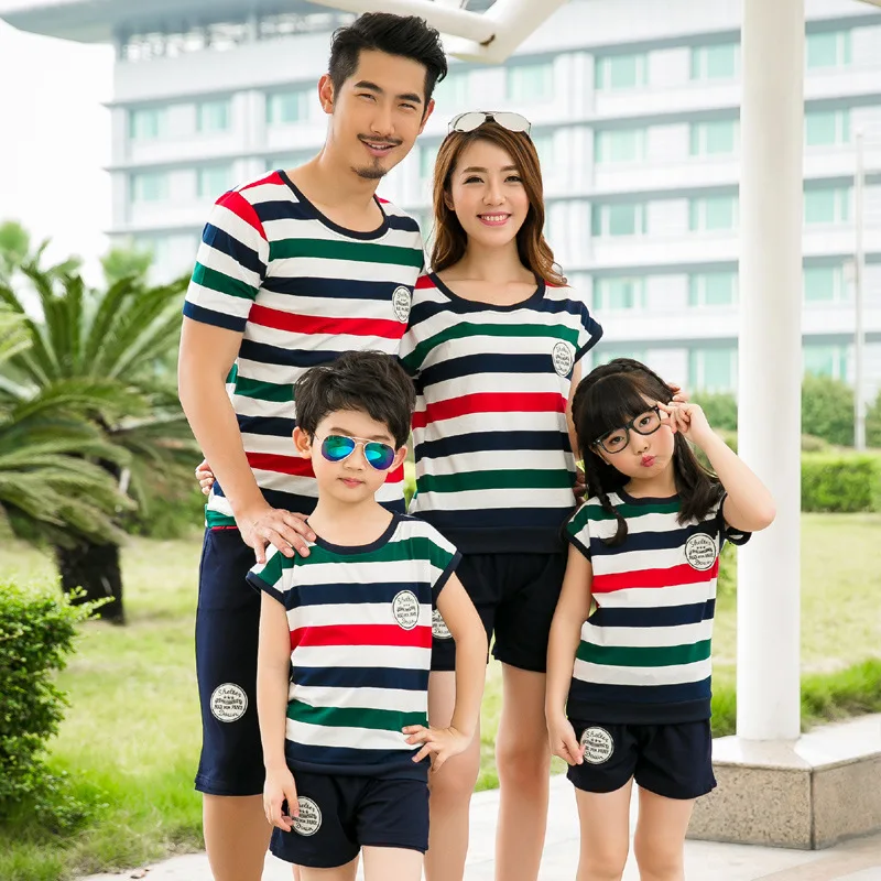 Summer Family Matching Outfits Short Sleeved Cotton Striped Badge T Shirt Shorts 2 Pcs Girls Father