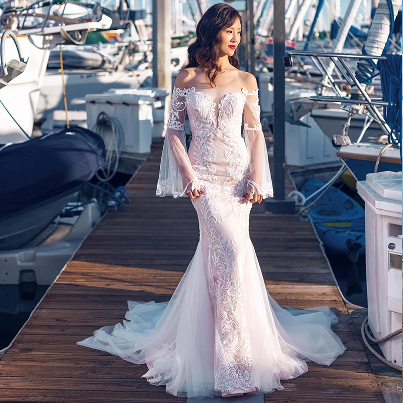 RSM66504 off Shoulder Puff Sleeves Beauty Pattern Sexy Sweetheart Mermaid  Wedding Dress