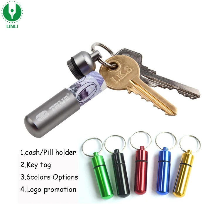 LINLI Custom Waterproof Metal Keychain Capsule Mini Pill Box Keychain Cash Stash Keyring Promotion