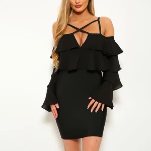 Fashion Sexy Ruffle Layers Long Sleeve Strappy  Bandage Bodycon  Mini Party Dress Ladies Elegant Lovely Custom Colors