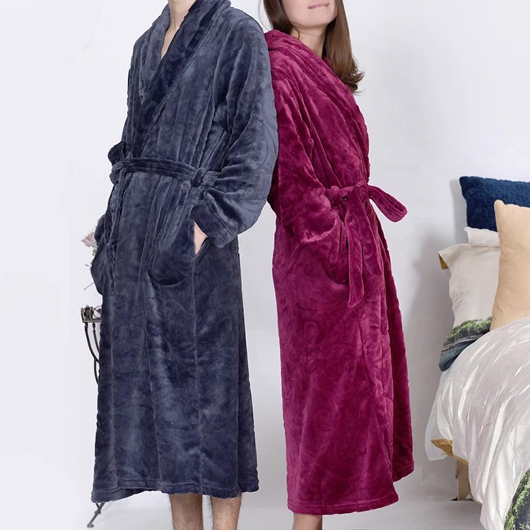 Warm flannel fleece unisex long bathrobe for home