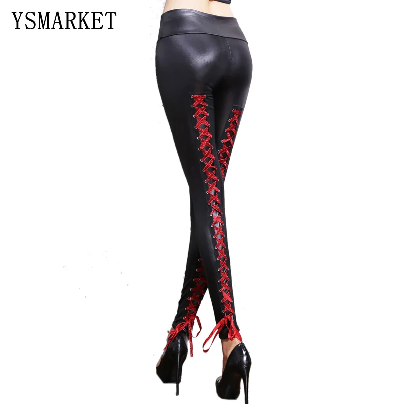 Leggings Elasticizzati in Ecopelle con Lacci Posteriori Rosso/Nero/Oro/Argento, Pantaloni Aderenti Gotici Punk da Donna con Vita Alta Elastica 79762