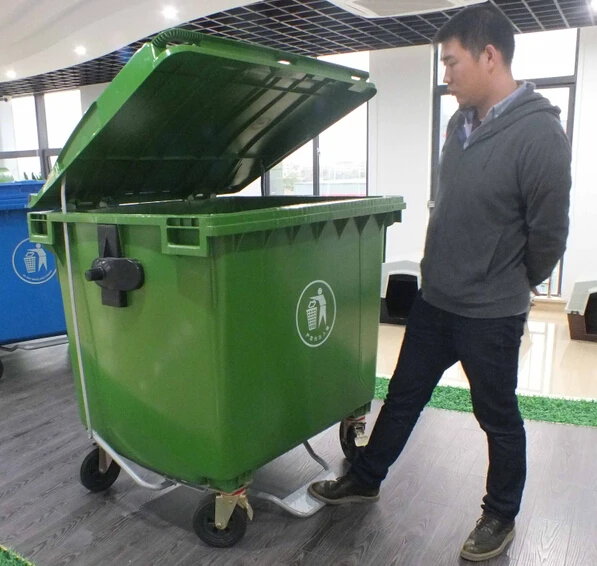 New Design 4-Wheel 1100L Eco-Friendly Plastic Outdoor Rolling Cover Plastic Garbage Waste Bin for Hotel Use