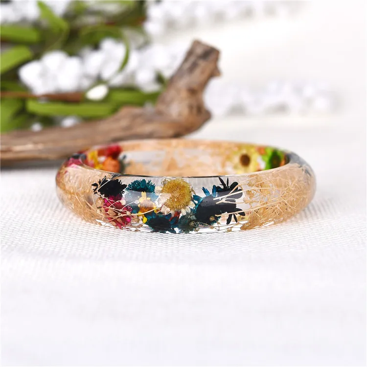 Handmade Lucite Plastic Dried Flower Clear Resin Bracelet Bangle