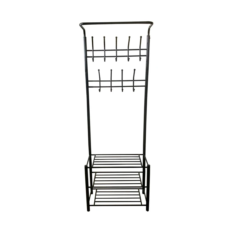 Black Metal Entryway Storage 3 Tier Shoe with Coat Hat Rack 18 Hooks