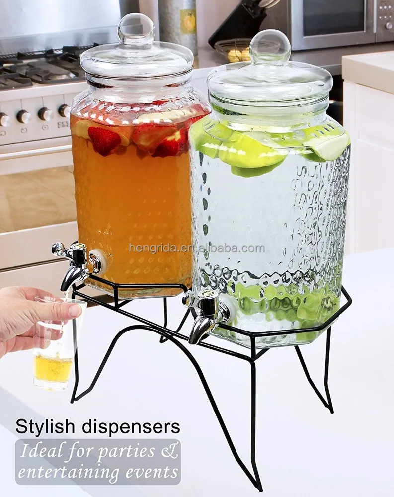 1 Gallon, Mason Jar Beverage Dispenser with Stand, Lid - Leak Free