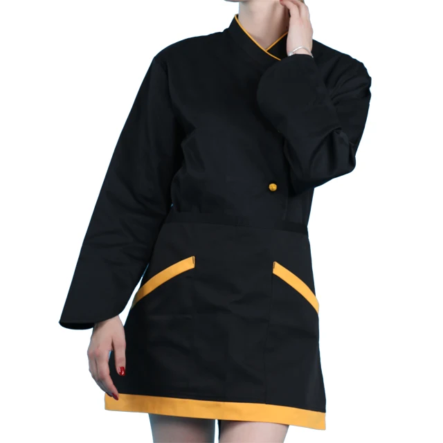 Polyester Cotton Blend 195GSM to 235GSM Black Body Orange Piping Border Button  Latest Cook Wear Single Breasted Chef Uniform