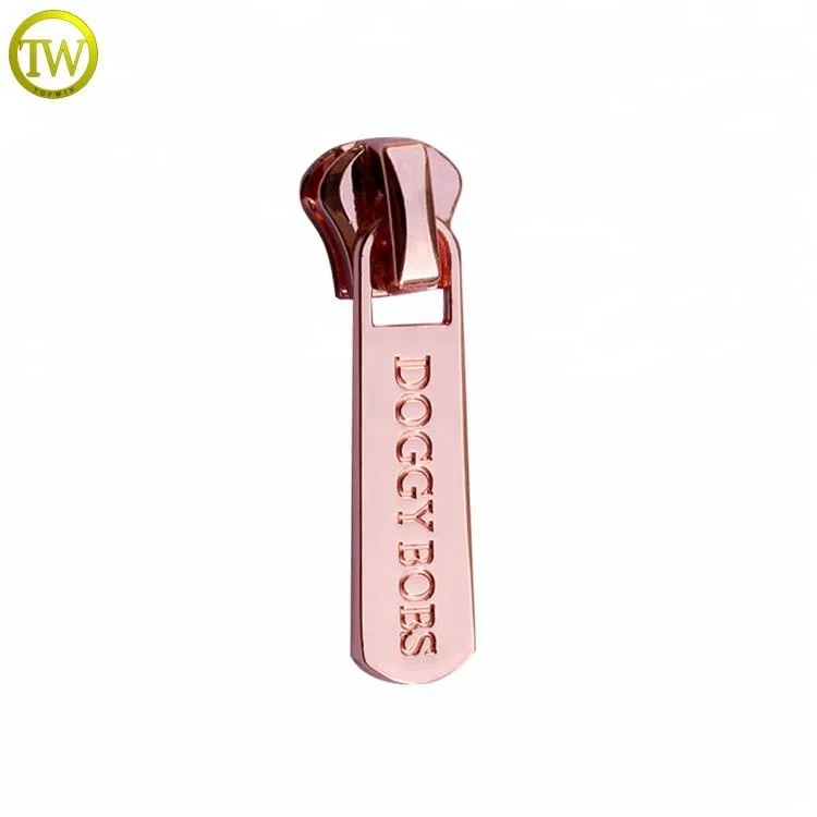 Custom Rose Gold Auto Lock Zipper Puller Engraved Logo Metal Fastener for Handbags Garments Zip Slider Customizable Brand Color